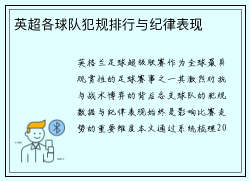 英超各球队犯规排行与纪律表现